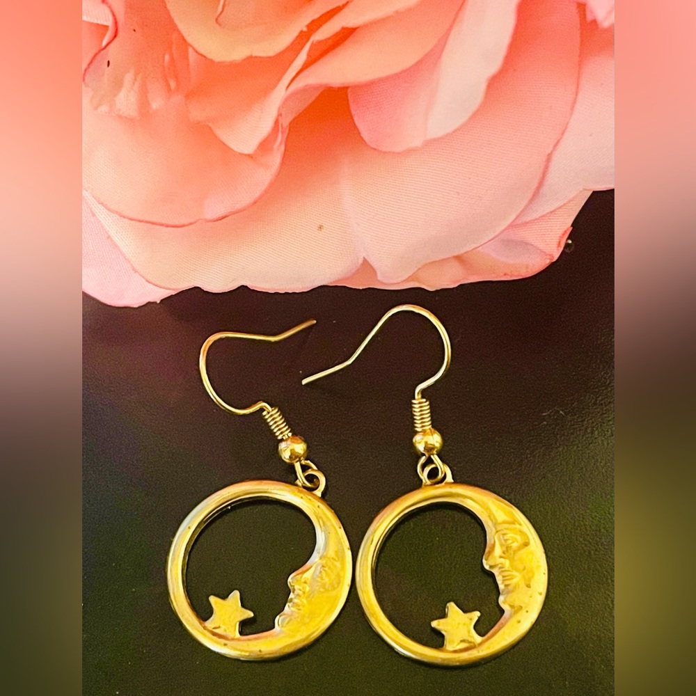 Gold Celestial Moon and Star Earrings - Picture 4 of 6